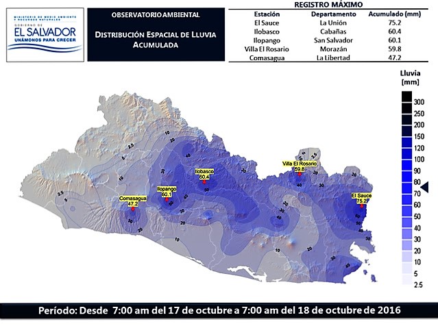 MARN:  Mapa de distribución de la lluvia registrada