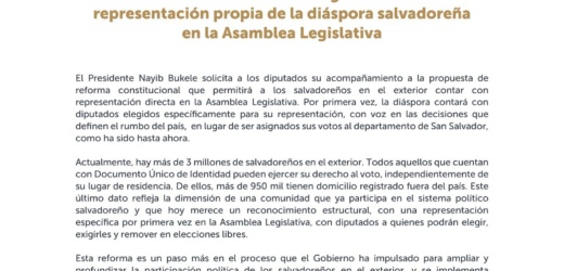 El Salvador propone reforma histórica: La diáspora tendrá representación directa en la Asamblea Legislativa