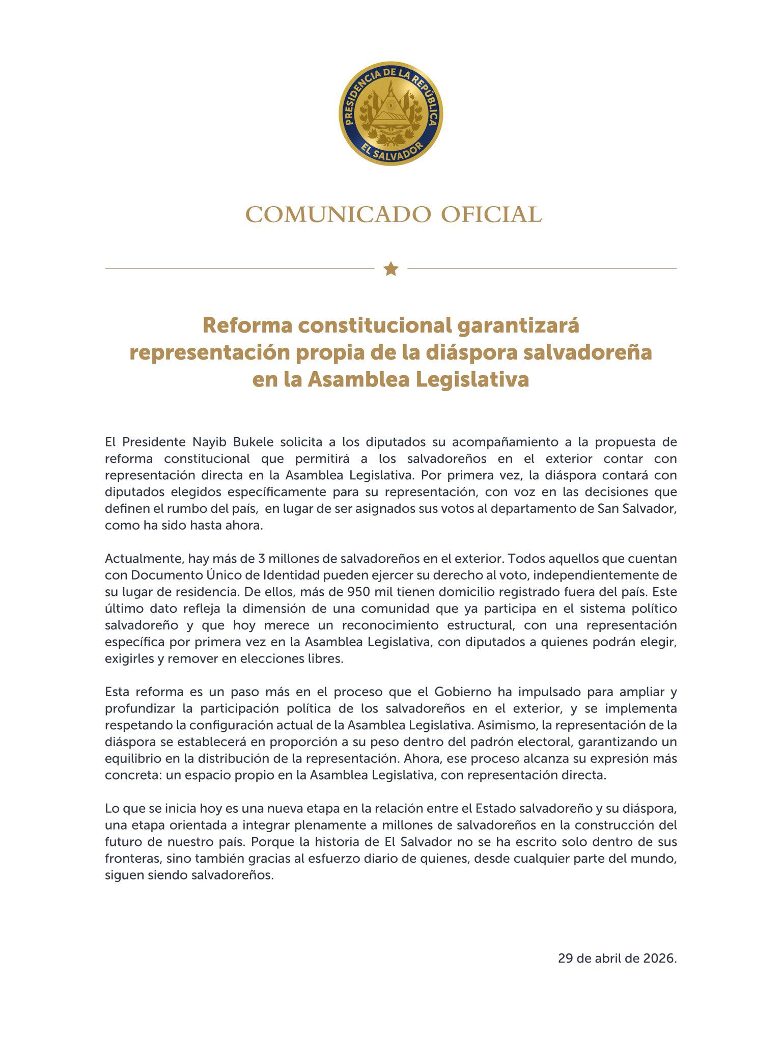 El Salvador propone reforma histórica: La diáspora tendrá representación directa en la Asamblea Legislativa